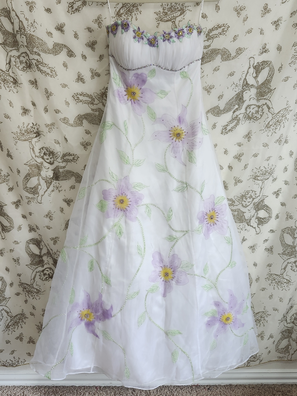 Vintage Y2k White Strapless A-Line Fairy Dress with Lavender Floral Embroidery 4